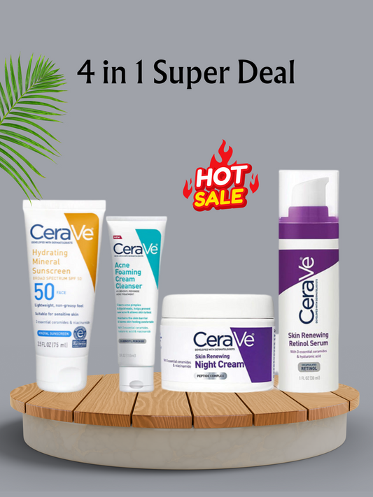CERAVE 4-in-1 Skincare Kit | Cleanser, Night Cream, Retinol Serum & Sunscreen